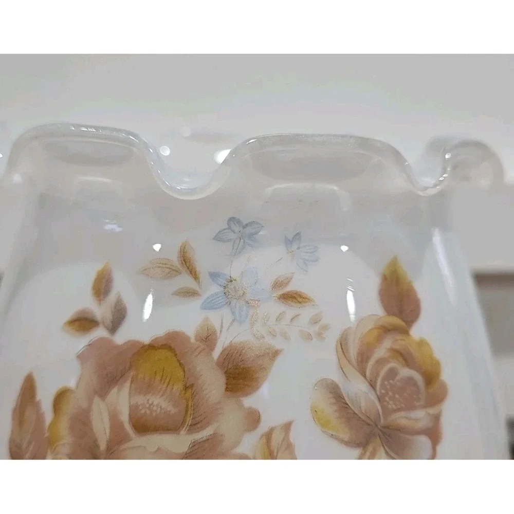 Vintage Milk Glass Hurricane Floral Lamp Shade With Ruffled Top 1.5 Inc Fitter